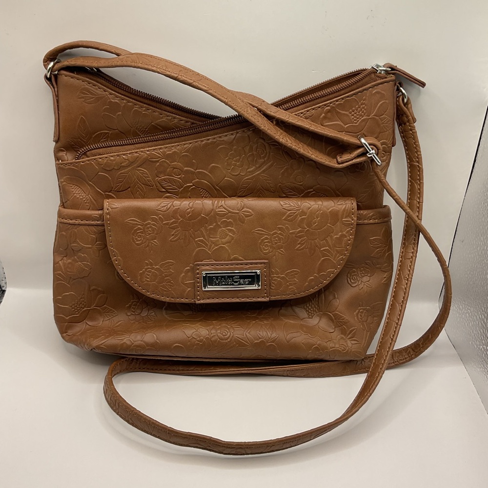 MultiSac Vista Crossbody Cognac/Tan/Brown Floral Pattern Design, Shoulder Strap